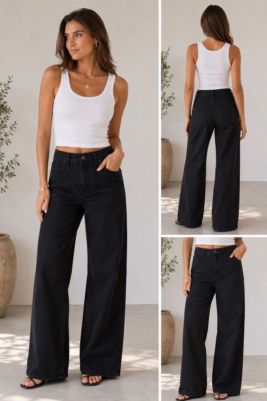Old Navy Extra High Rise Wide Leg Size 4 Black Non Ripped Jeans 28” waist #1600